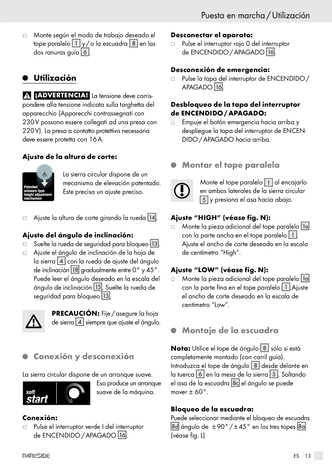 Kompernass PTKS 1800 SE manual Puesta en marcha / Utilización, Conexión y desconexión, Montar el tope paralelo 